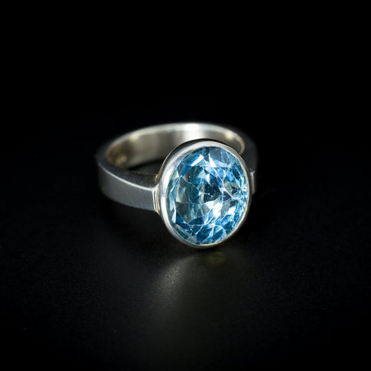 Amalfi -Gemstone Sterling Silver 925 Bezel Set 5mm Wide Band 12x10mm Oval Blue Topaz Green Quartz Lemon Quartz Mystic Topaz