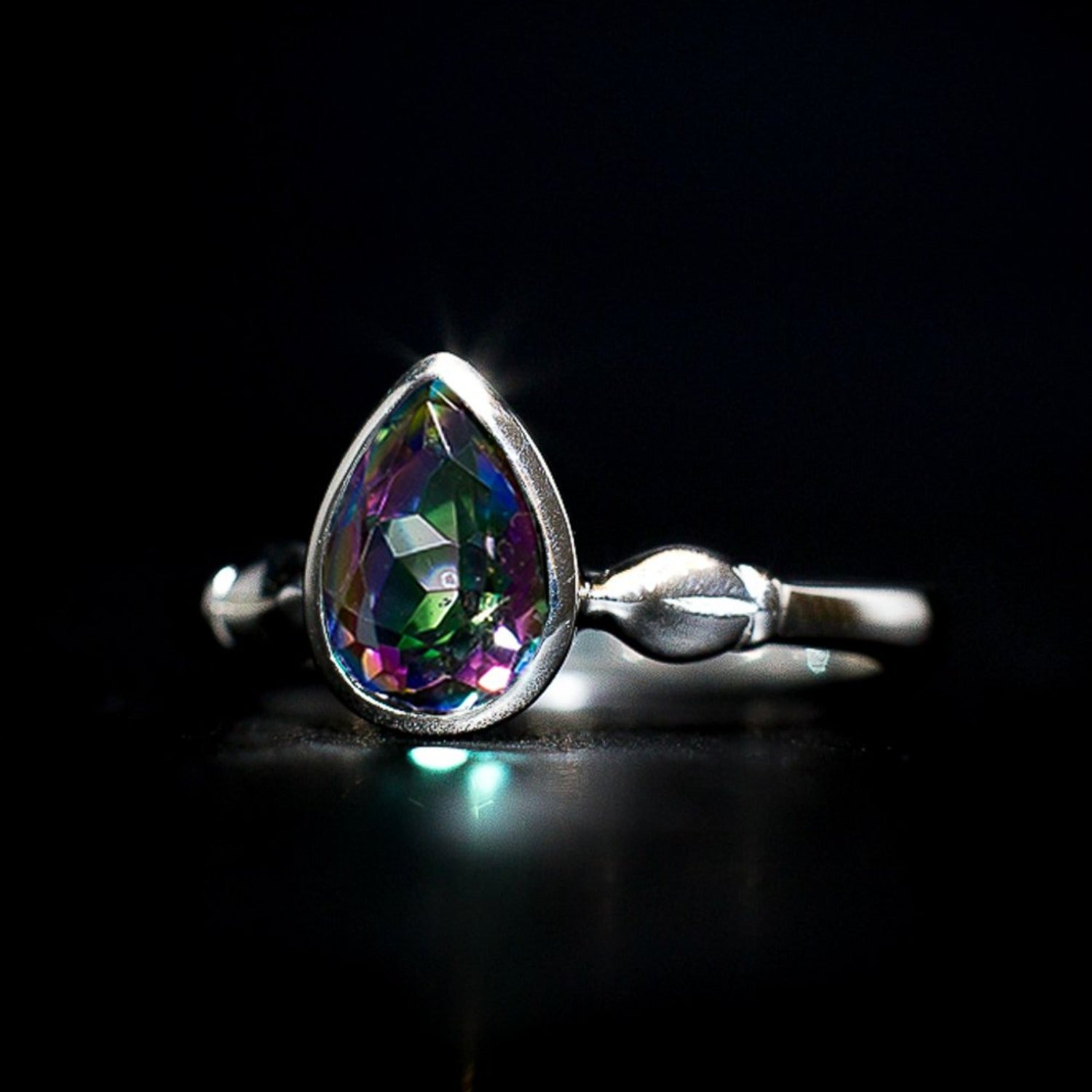 Elsa - Gemstone Ring Sterling Silver 925 8x6mm Pear Shape Gems Blue Topaz Mystic Topaz Lemon Quartz Green Quartz Carved Design Band