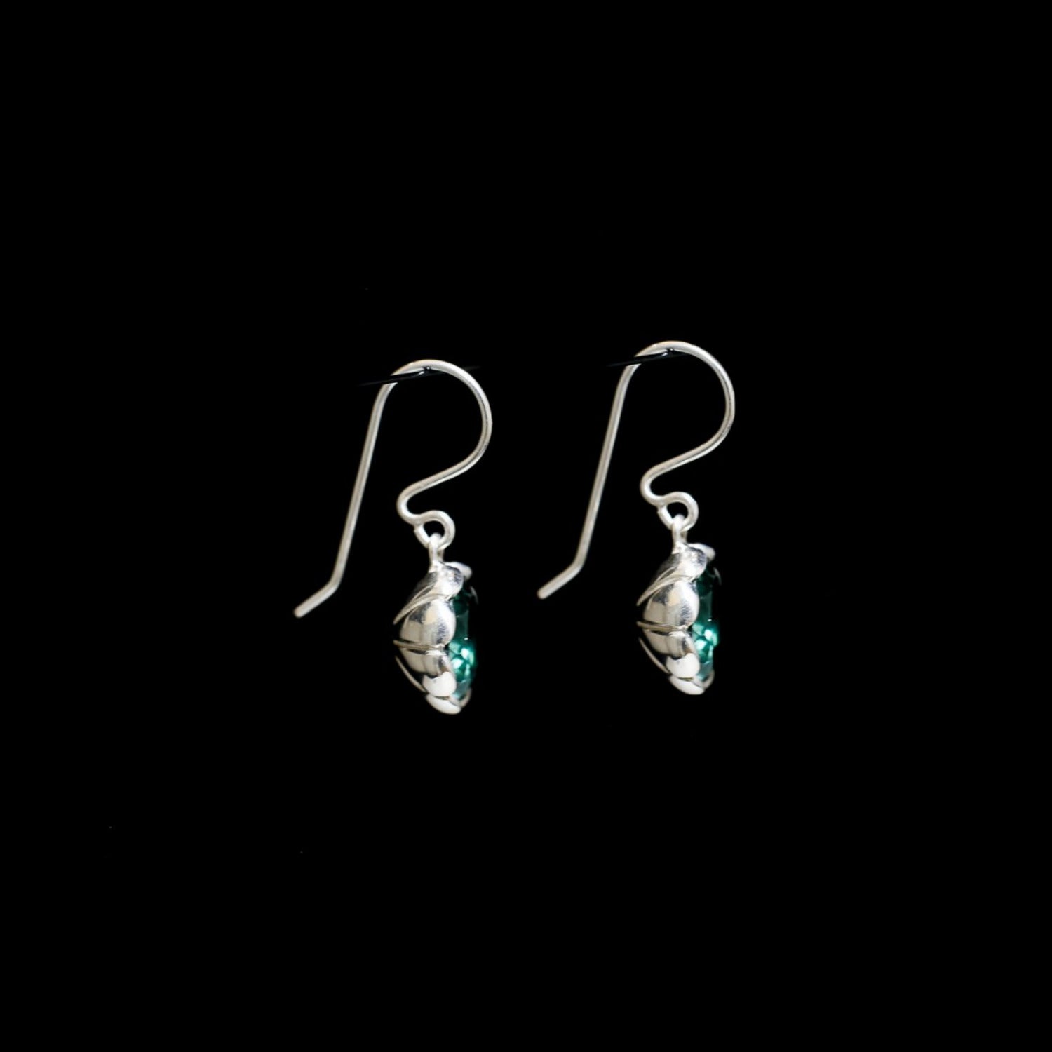 Tulip - Gemstone Earring Sterling Silver 925 10mm Round Blue Topaz Prasiolite Carved Bezel Secure Hook