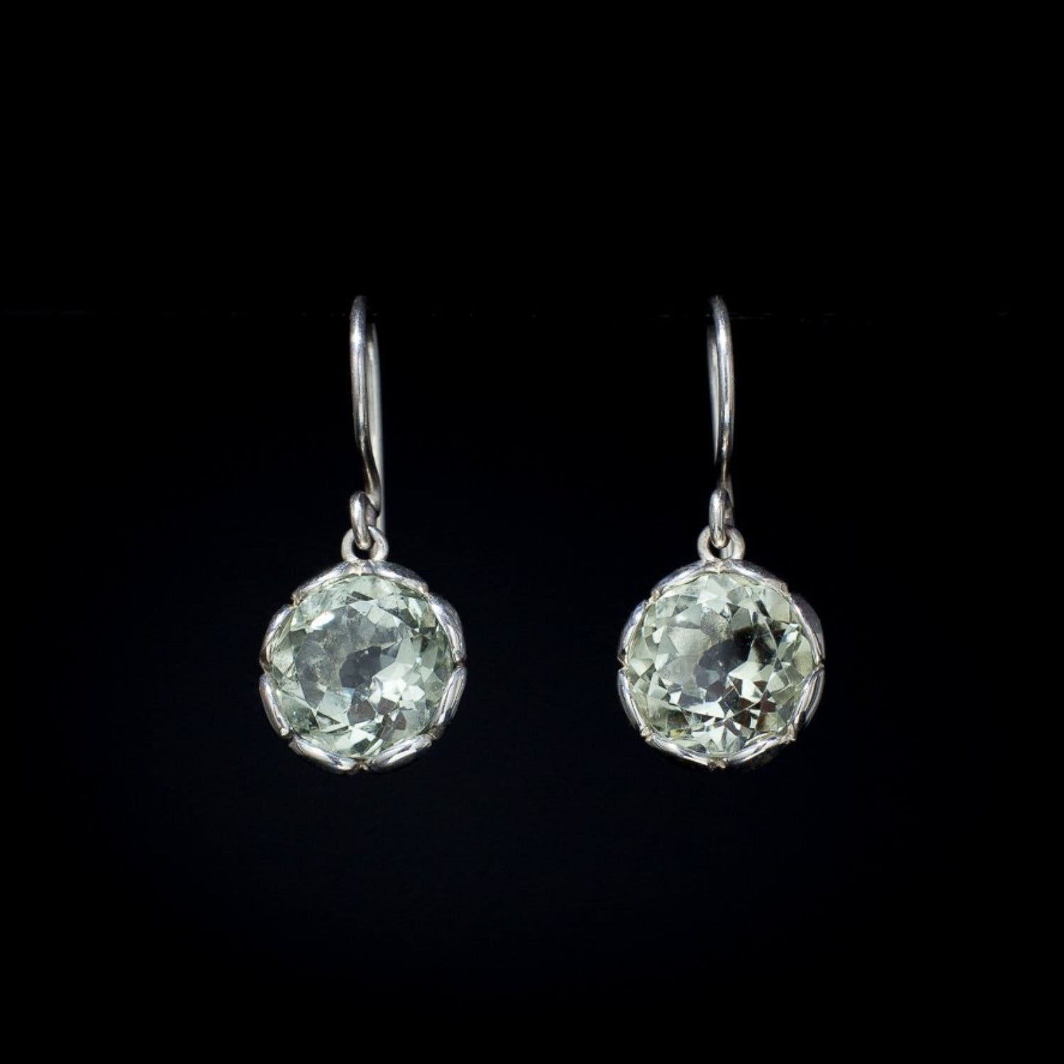 Tulip - Gemstone Earring Sterling Silver 925 10mm Round Blue Topaz Prasiolite Carved Bezel Secure Hook