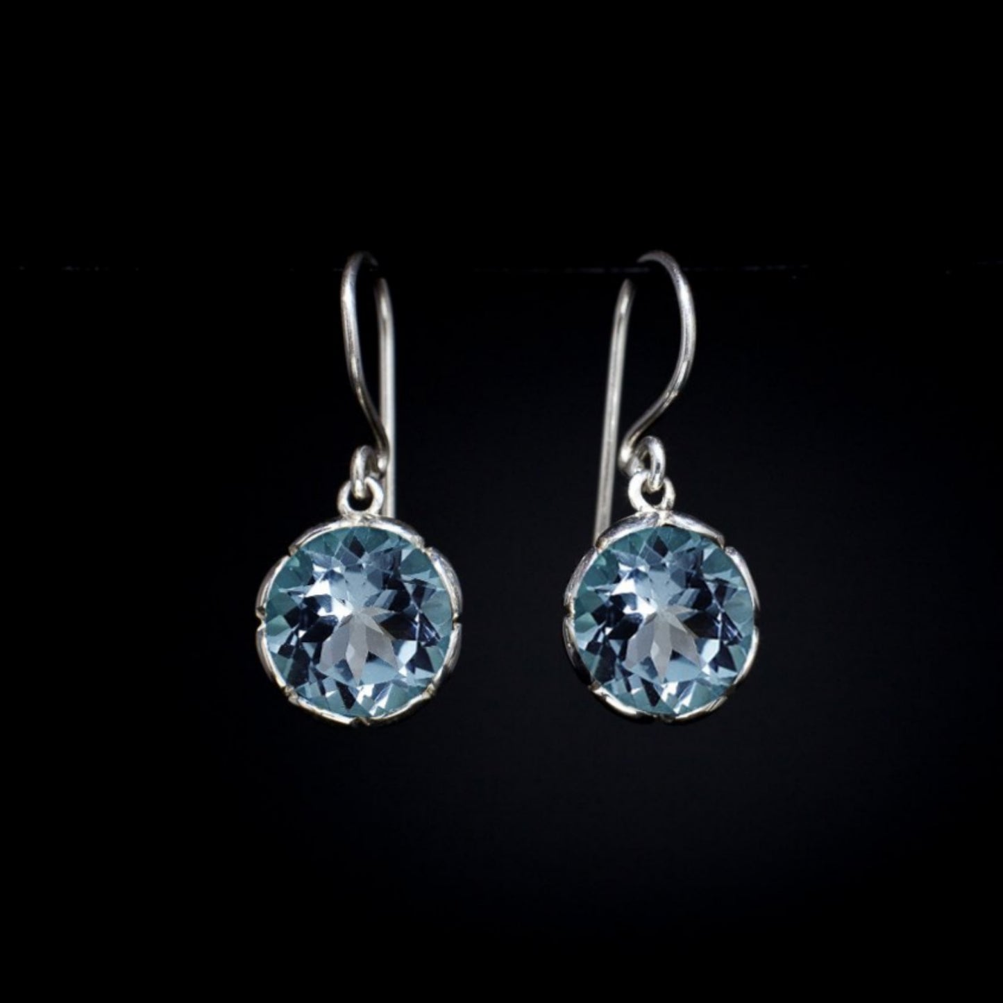 Tulip - Gemstone Earring Sterling Silver 925 10mm Round Blue Topaz Prasiolite Carved Bezel Secure Hook