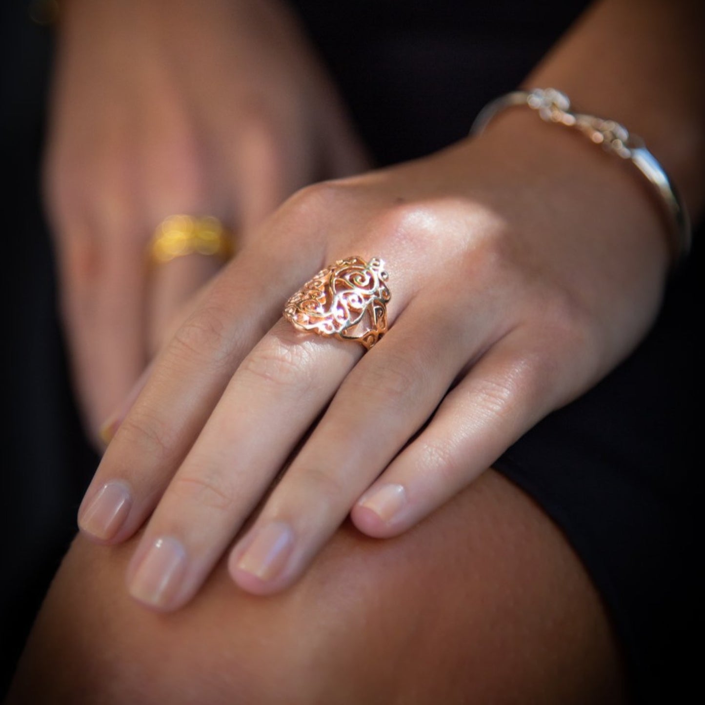 Filigree - Ring 9 Carat Yellow Rose Gold Filigree Carved Floral Taper Band