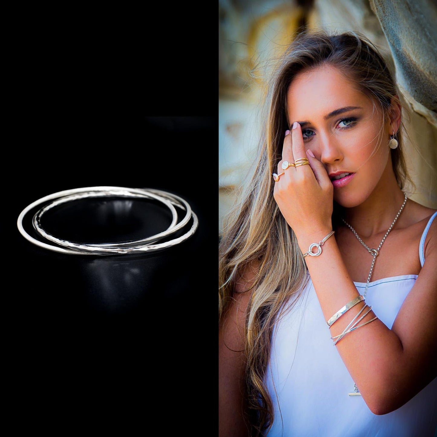 El Mariachi - Bangle Sterling Silver 925 3 Ring Polish Hammered Matte 2.5mm round Handmade