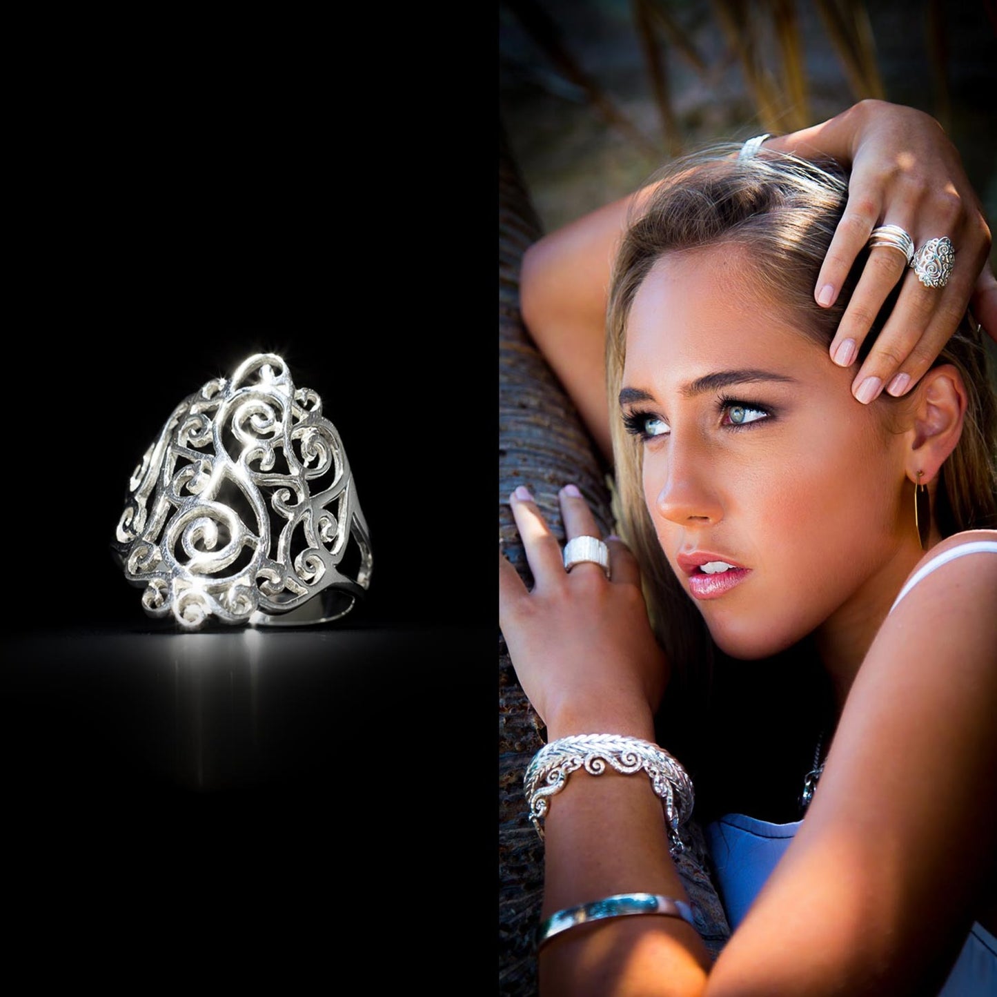 Filigree - Ring Sterling Silver 925  Filigree Carved Floral Taper Split Band 