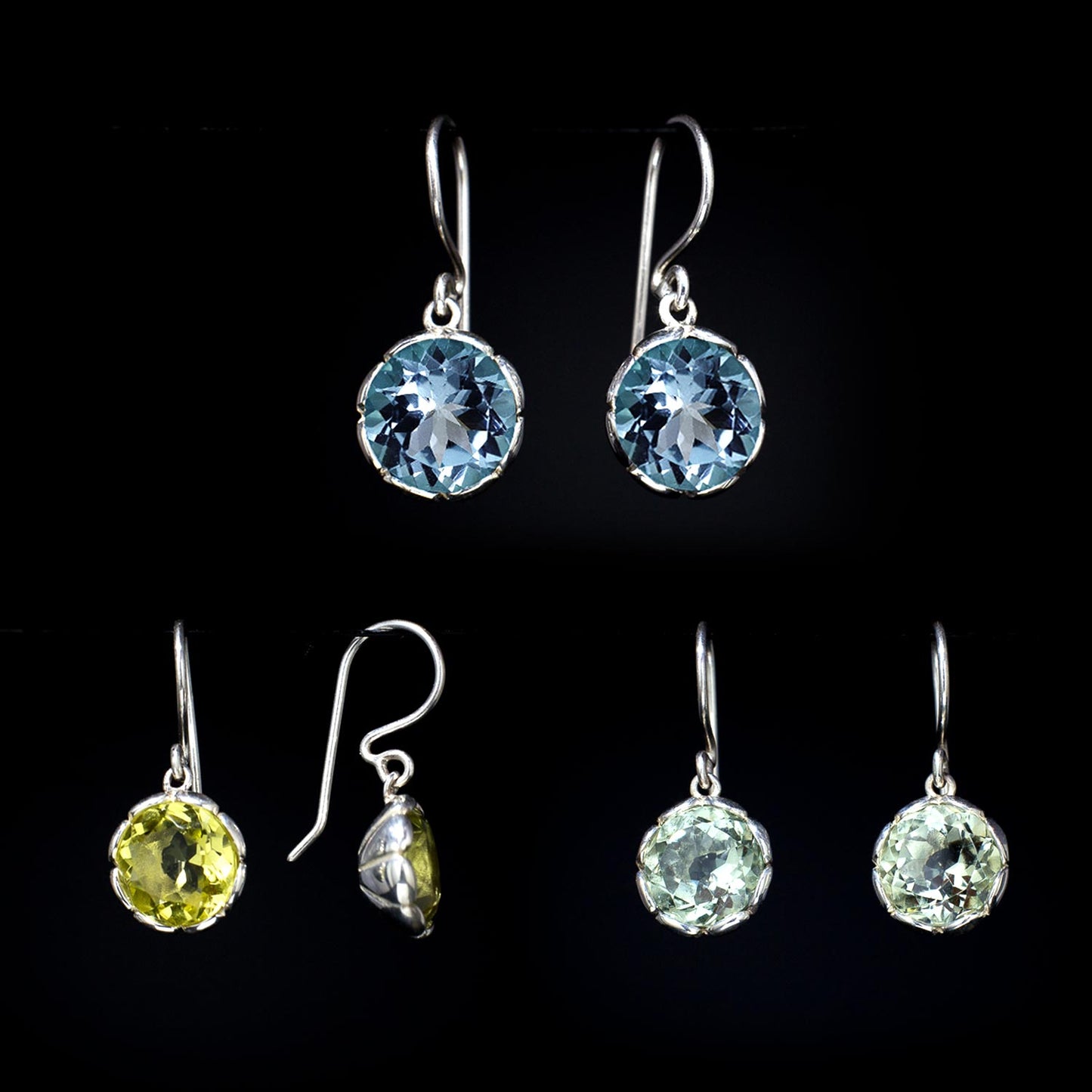 Tulip - Gemstone Earring Sterling Silver 925 10mm Round Blue Topaz Prasiolite Carved Bezel Secure Hook